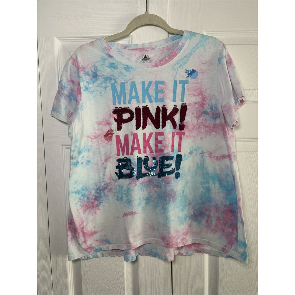 Disney Parks Sleeping Beauty Sequin Tee Womens Size L Pink Blue Tie Dye Cotton